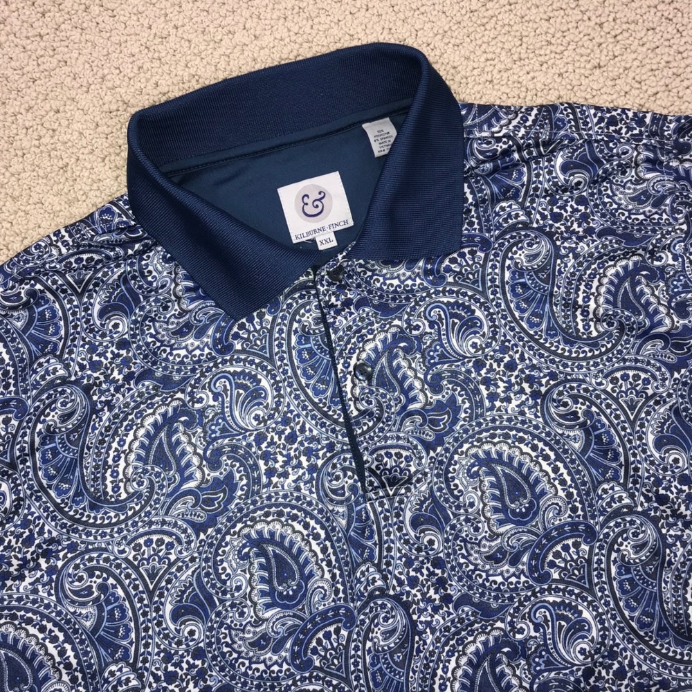 Kilburne & Finch Mens XXL Blue Paisley Performance Polo Shirt Golf Stretch Short